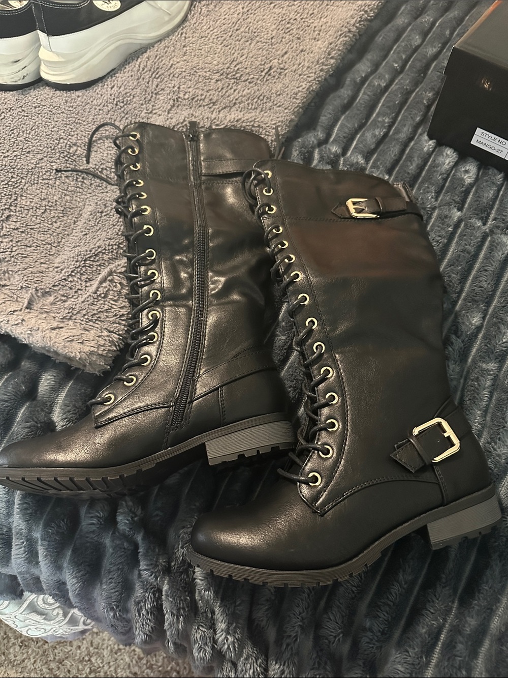 Black Lace-Up Mid-Calf Combat Boots with Buckle Detail